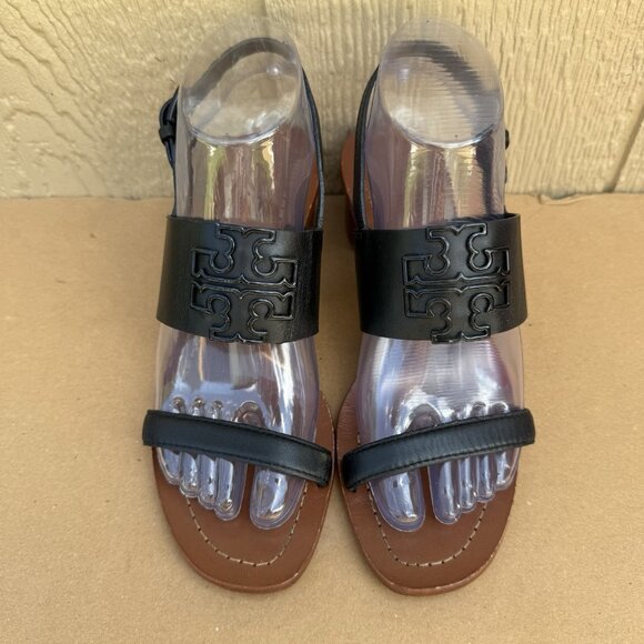 Tory Burch Lowell 2 Block Heel Sandals Shoes Women’s Size 7 Black Logo Leather - Picture 4 of 11